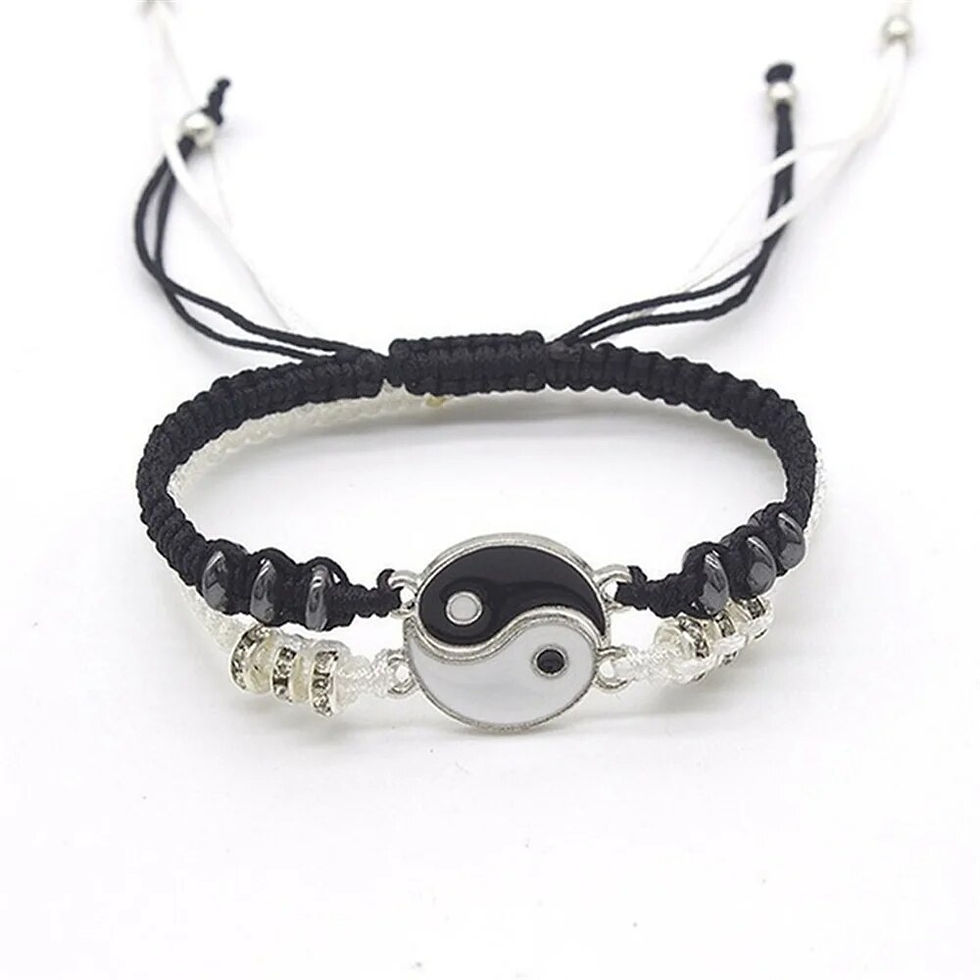 Thumbnail: 2 PC Jewelry Set Couple Black White Tai Chi Bracelet Rope Adjustable Chain Set S