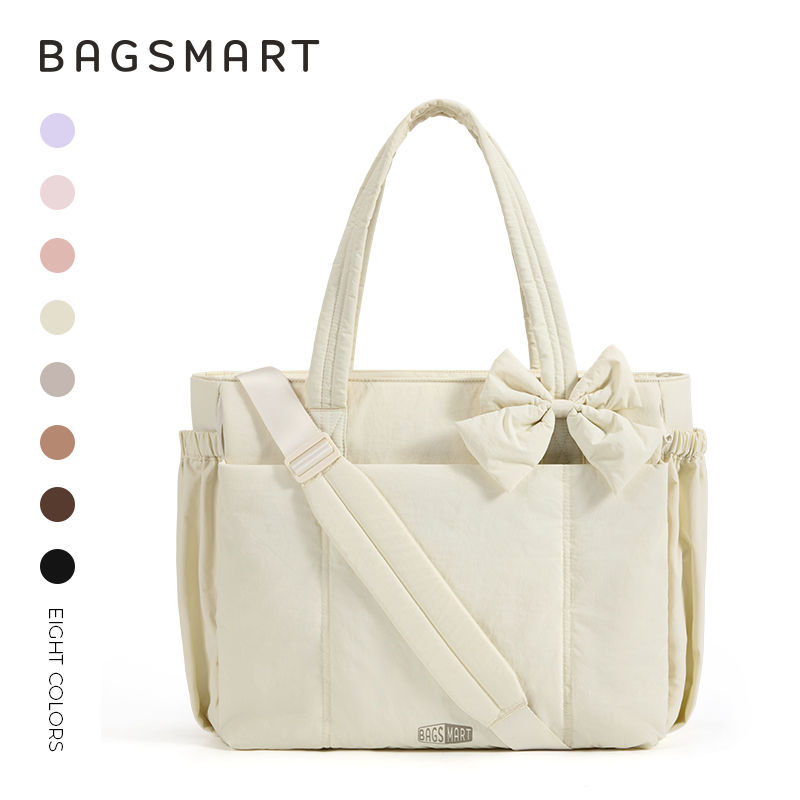 Thumbnail: BAGSMART Padded Tote Bag With Bow Casual Quilted Padded Women Shoulder Bags Fit