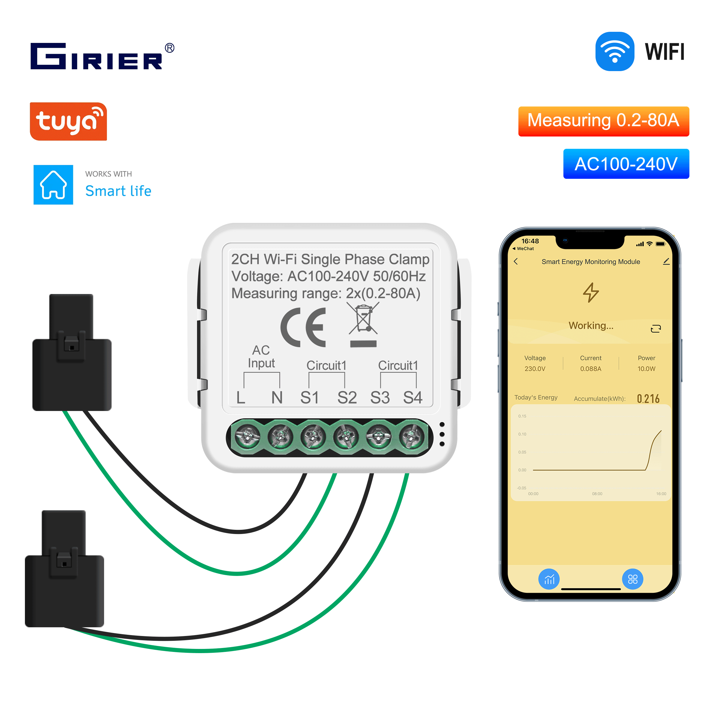GIRIER Smart WiFi Power Meter Clamp Smart Home Energy Monitor Real-Time Tracking