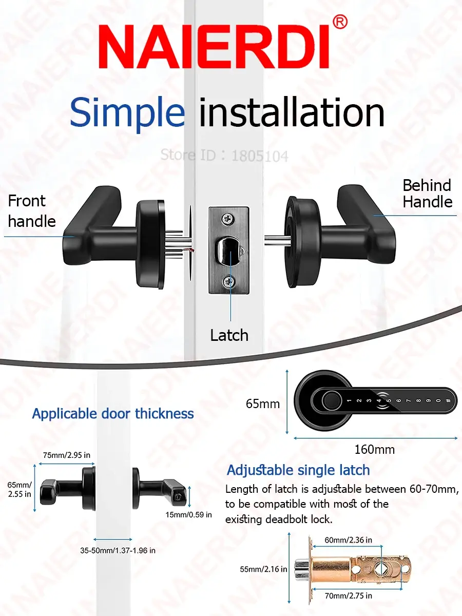 Thumbnail: NAIERDI Smart Door Lock 5-1 Keyless Bluetooth Fingerprint Door Lock with Card Tu