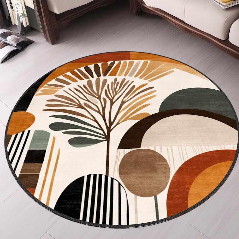 Thumbnail: Mid Century Boho Round Rug Stylish Contemporary Abstract Round Rug Unique Large
