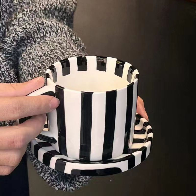 Thumbnail: European Striped Ceramic Coffee Cup Saucer Modern Breakfast Dessert Plate Tea Cu