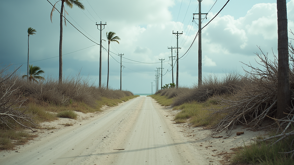 Wide angle view of a hurricane-damaged coastal area