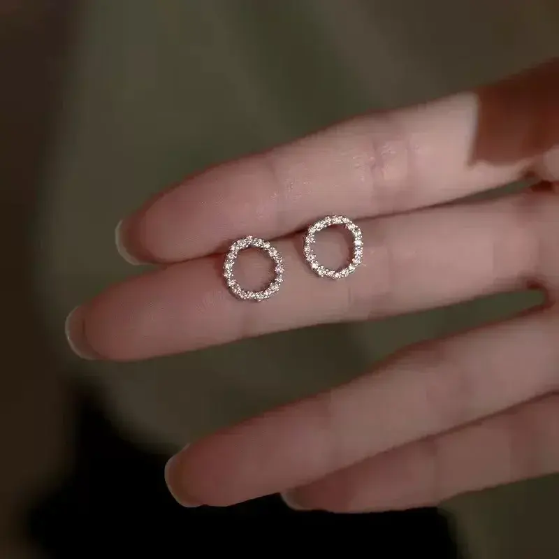 Thumbnail: Delicate Small Circle Stud Earrings for Women Gold Color Crystal Minimalist Kore