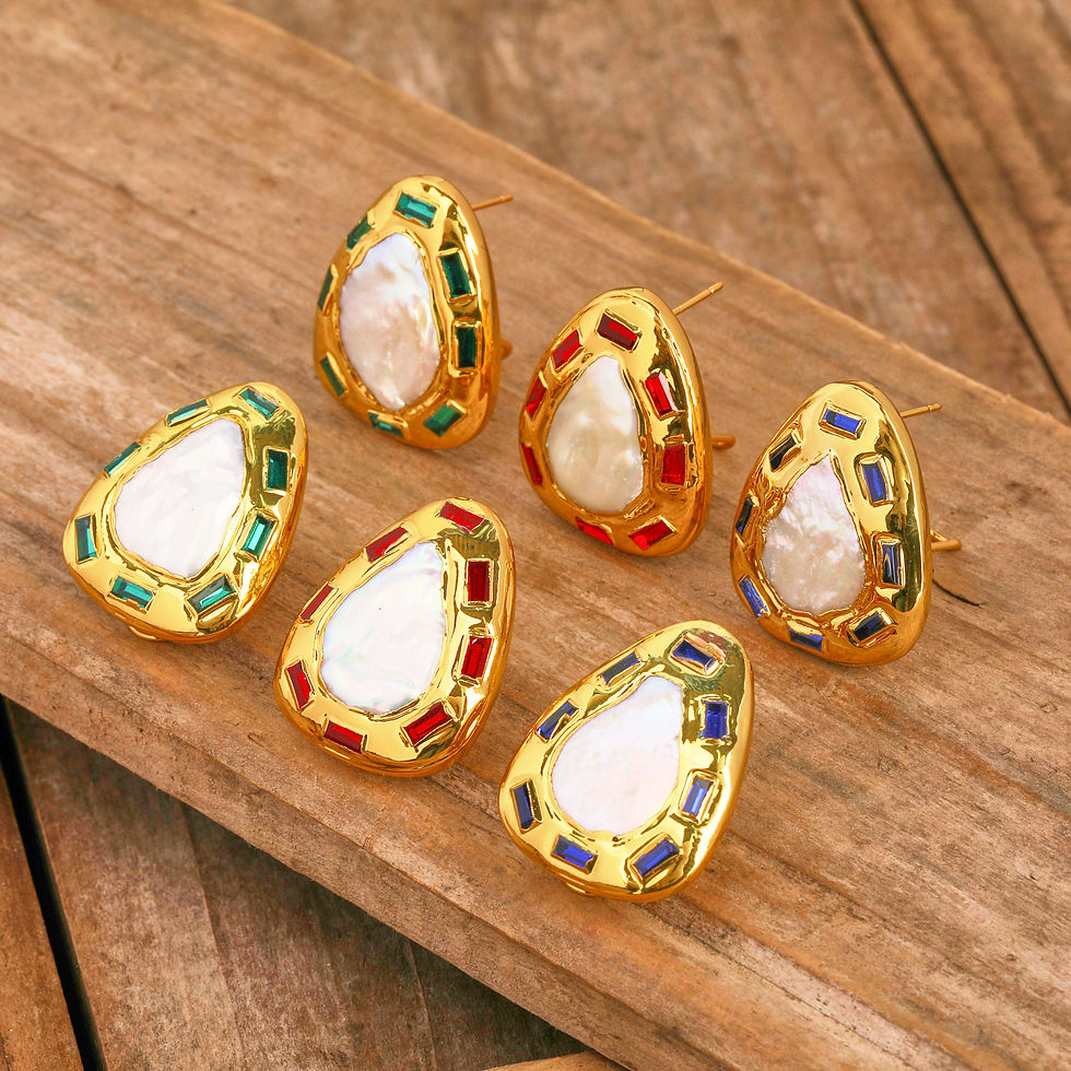 Thumbnail: Fashion Stud Earrings Natural Baroque Pearls Inlaid with Colorful Gemstones Eleg