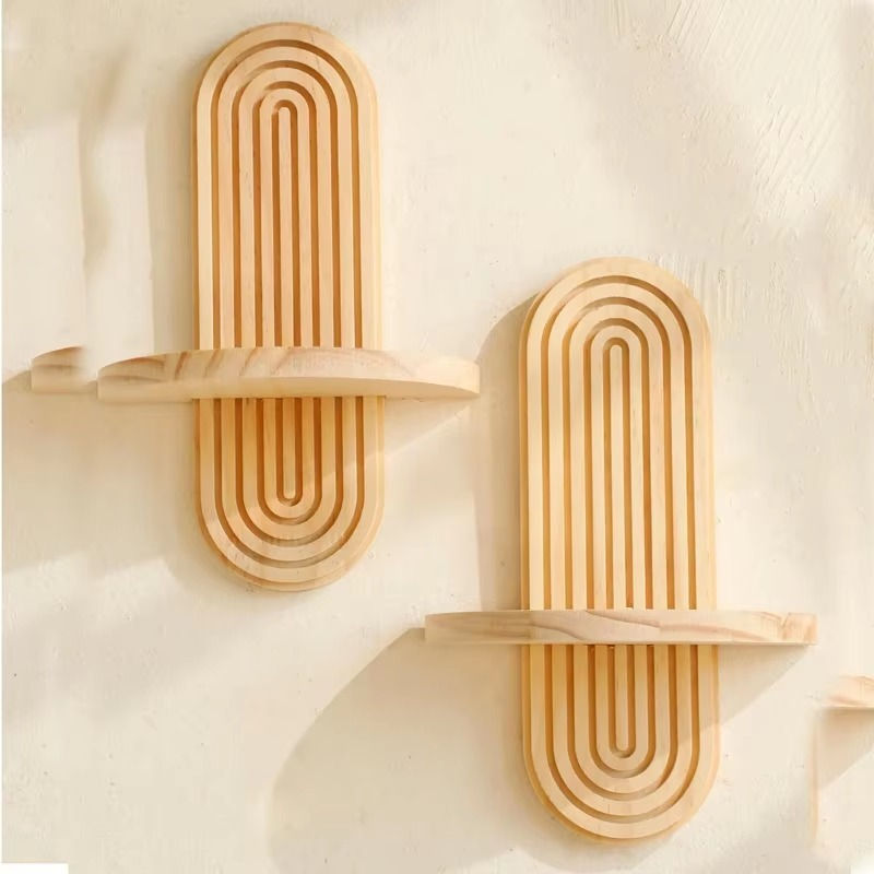 Thumbnail: Wooden Wall Mounted Storage Rack Boho Style Display Shelves Modern Home Decor fo