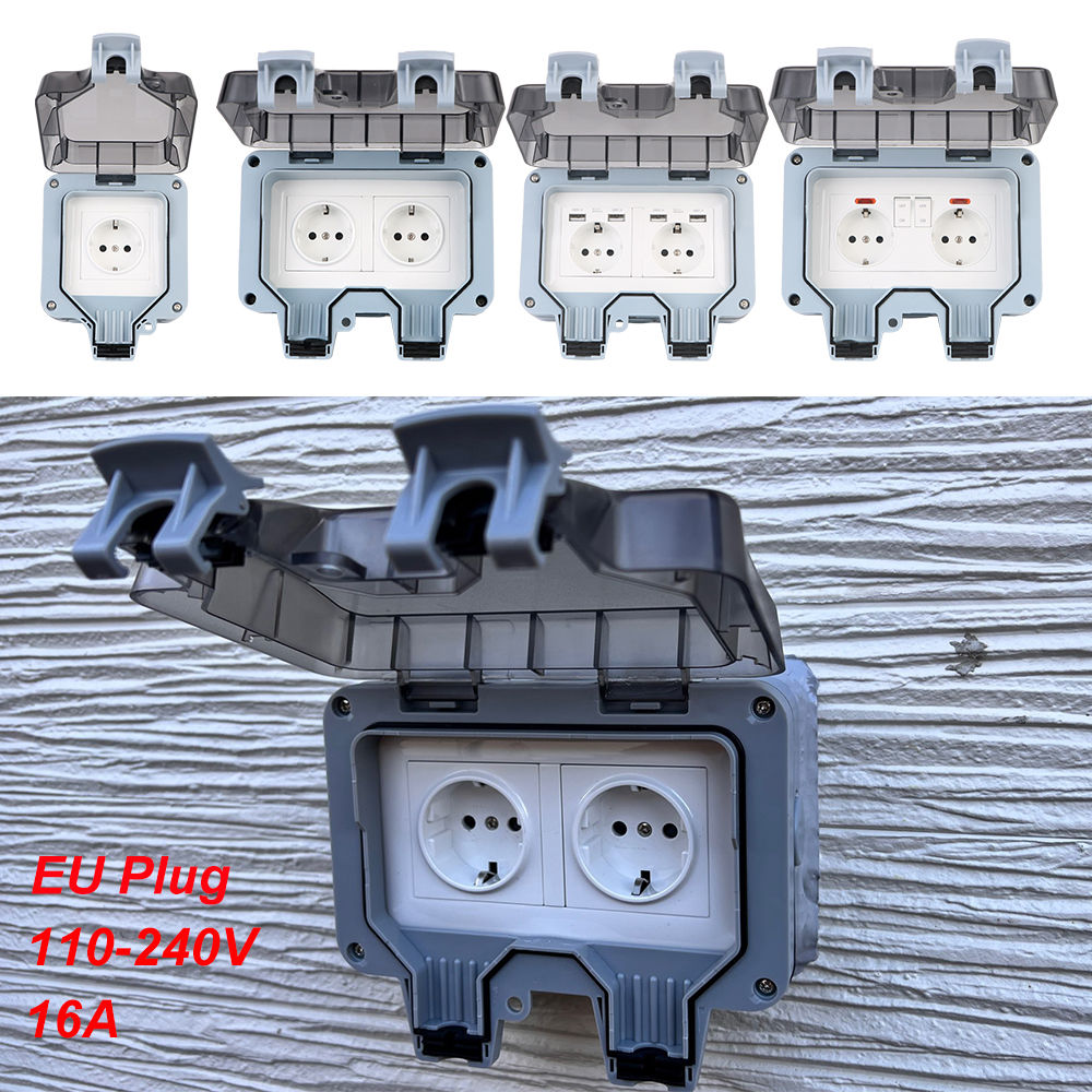Double EU Socket Power Supply Switch Socket 16A Outdoor Wall Power Socket With U