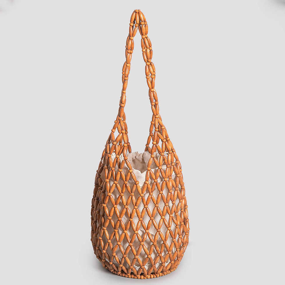 Thumbnail: Women Woven Hand Bag Exquisite Design Hollow-out Wooden Bead Tote Bucket Shoulde