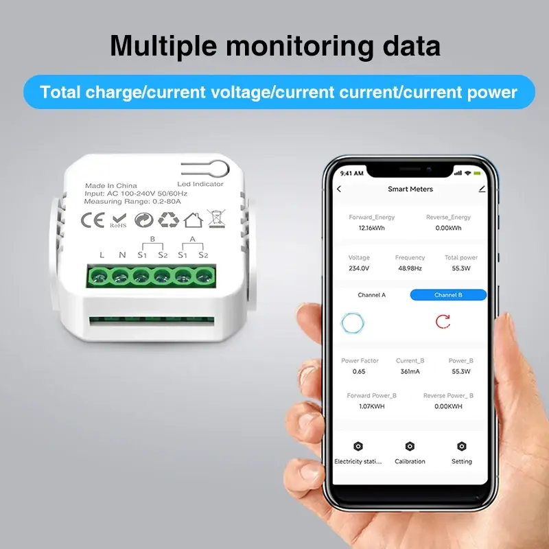 Thumbnail: Tuya Smart Life WiFi Energy Meter 80A Bidirectional 2 Channel with Clamp App Mon