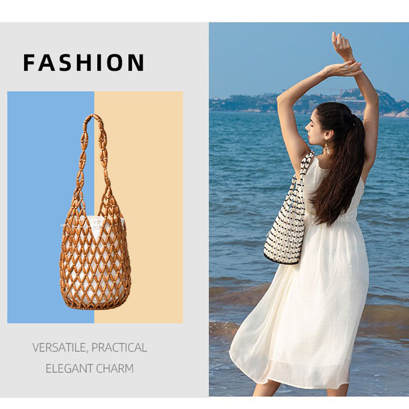 Thumbnail: Women Woven Hand Bag Exquisite Design Hollow-out Wooden Bead Tote Bucket Shoulde