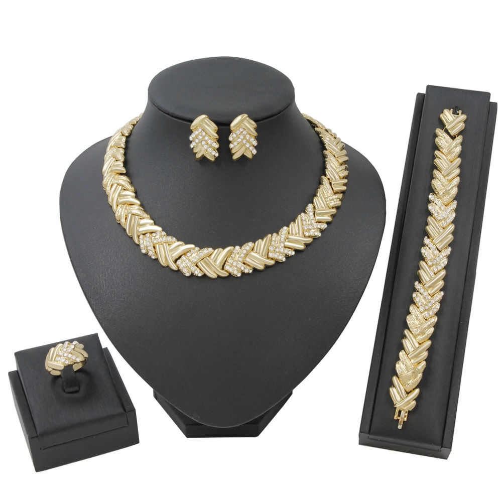Jewelry Set for Women Bridal Dubai Gold Color Crystal Necklace Bracelet Nigerian