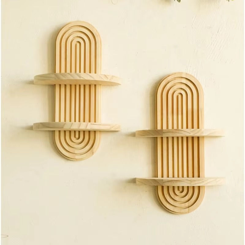 Thumbnail: Wooden Wall Mounted Storage Rack Boho Style Display Shelves Modern Home Decor fo