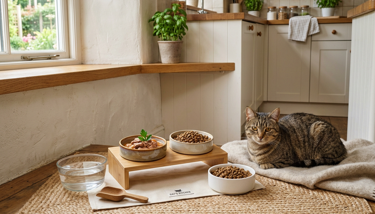 Wide-angle view of a feeding station with wet food, dry food, and fresh water for a cat