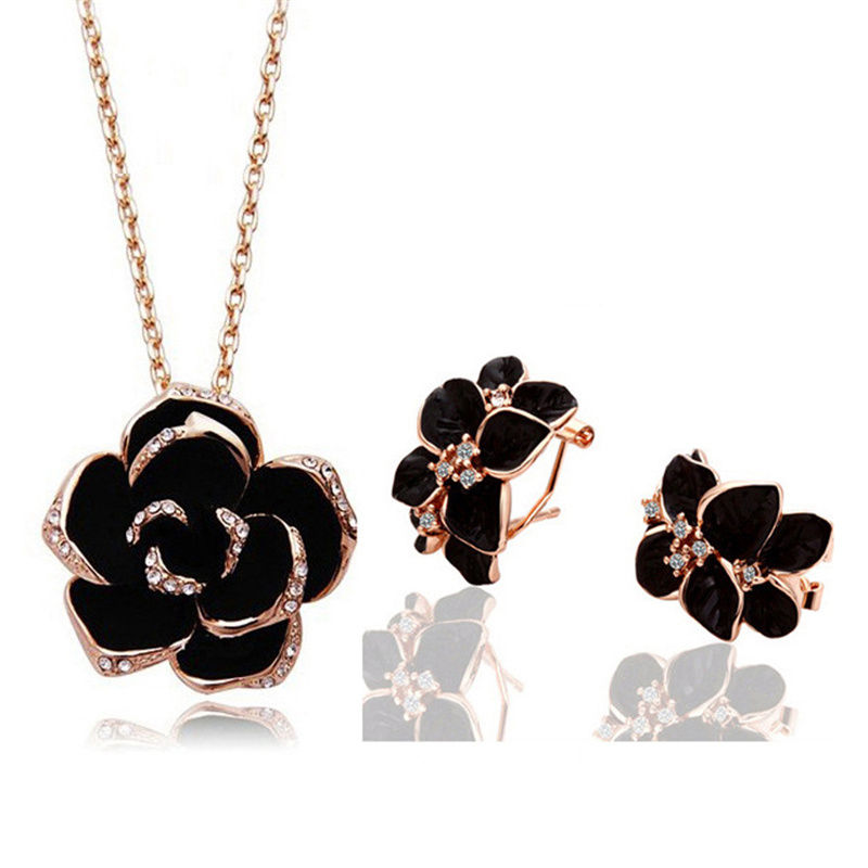 Thumbnail: Black Flower Jewelry Set With Rhinestone Inlay, Including Necklace And Earrings,