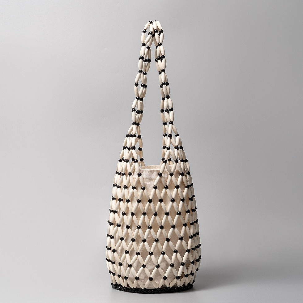 Thumbnail: Women Woven Hand Bag Exquisite Design Hollow-out Wooden Bead Tote Bucket Shoulde