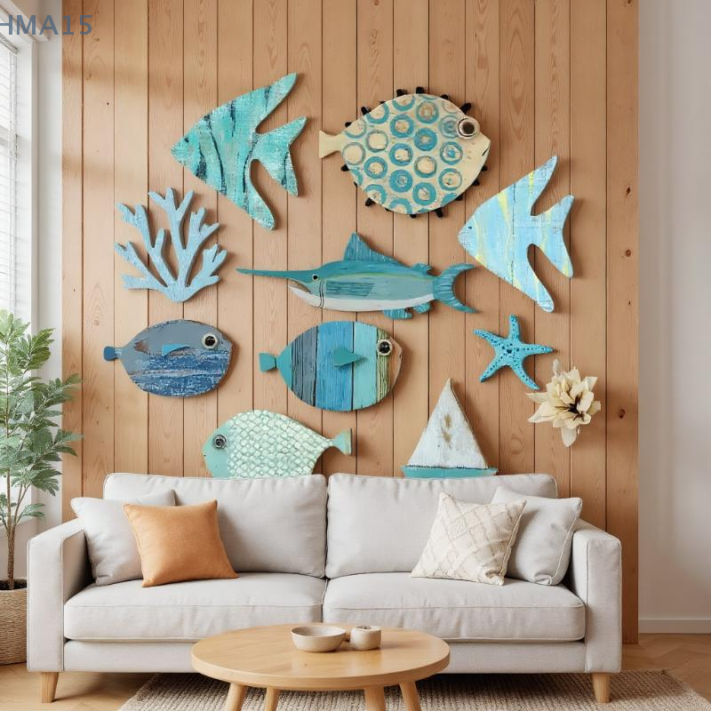 Thumbnail: 10pcs/set Fish Wall Decor Wooden Fish Hanging Beach Theme Bathroom Art Nautical