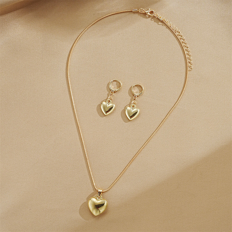 Thumbnail: Glossy Gold Plated Metal Love Heart Dangle Earrings Necklace Jewelry Set for Wom