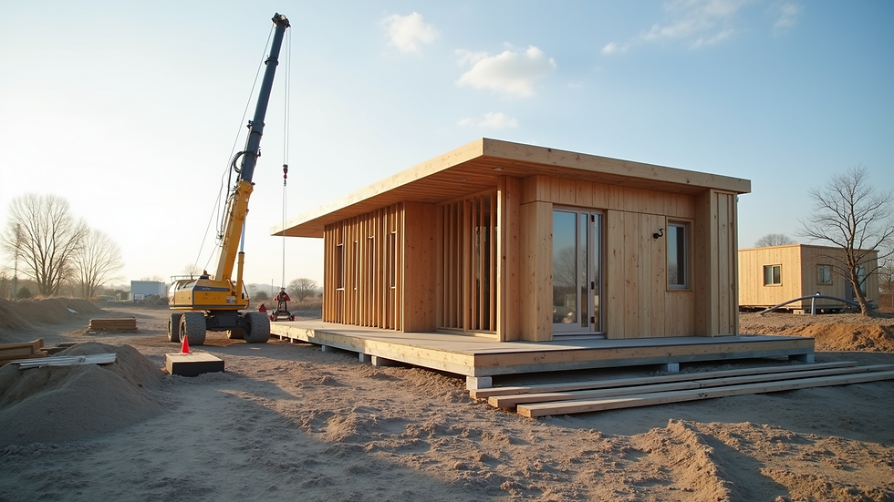 Wide angle view of a modern modular building under construction