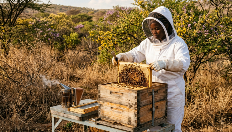Eye-level view of a beginner beekeeper inspecting a wooden hive in protective clothing