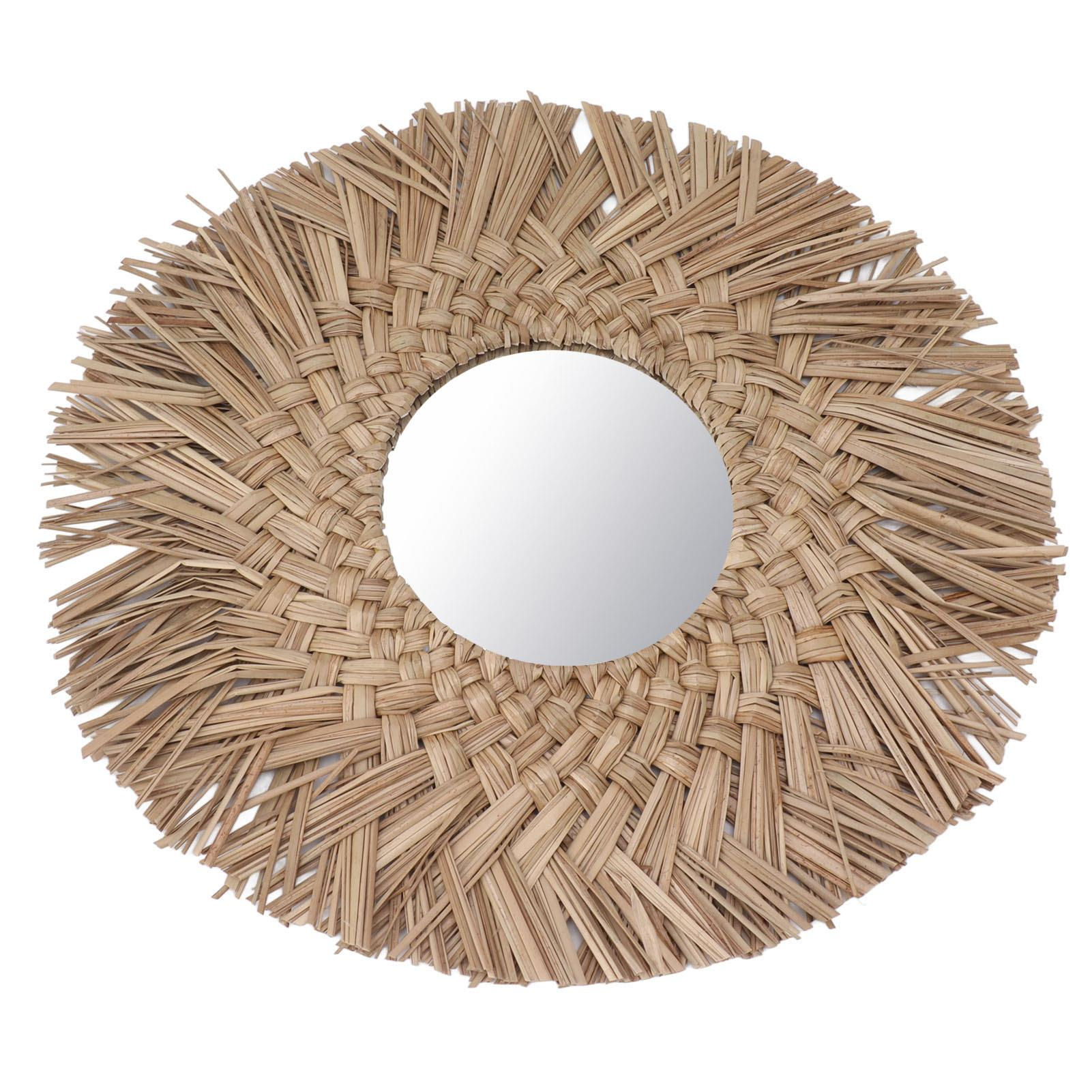 Woven Straw Wall Mirror Vintage Design HD Imaging Decorative for bathroom and fo