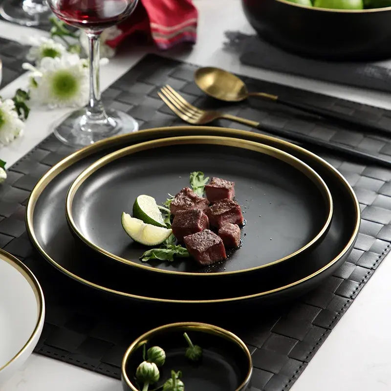 Thumbnail: Porcelain Dinner Plates Dishes Plates and Bowls Set Black Tableware Set Food Pla