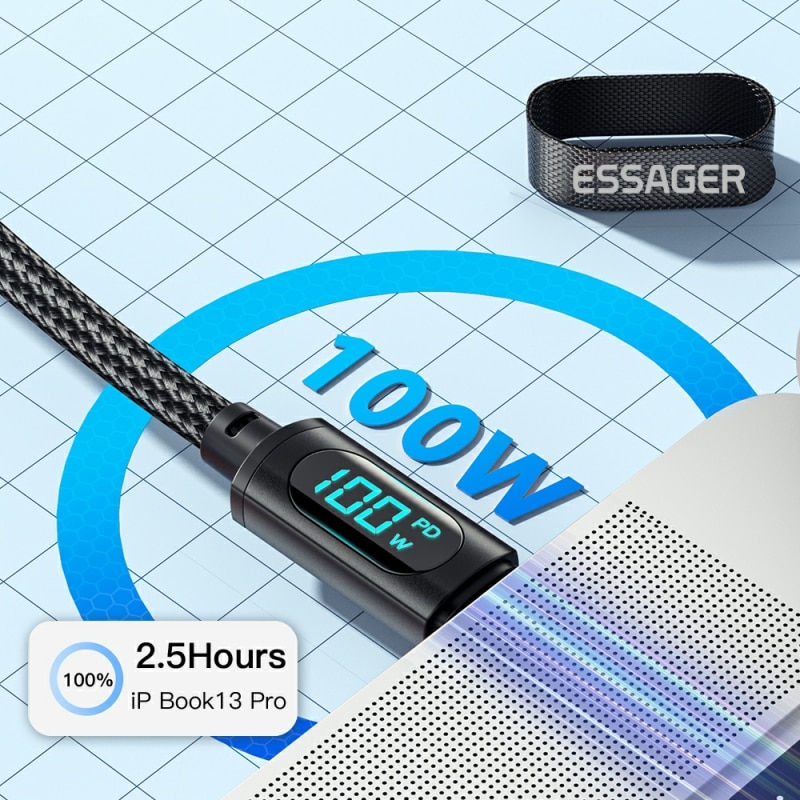 Thumbnail: Essager Type C to Type C Cable 100W PD Fast Charging Charger USB C to USB C Disp