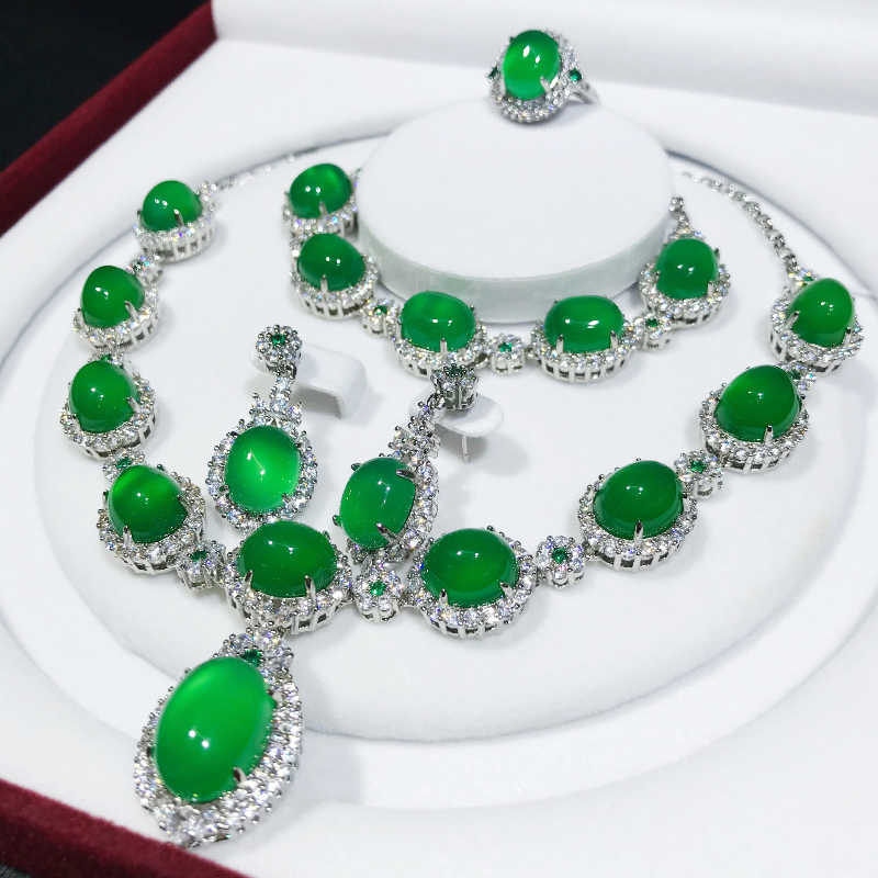 Thumbnail: Handmade Jade Diamond Jewelry set 925 Sterling Silver Wedding Ring Earring Neckl