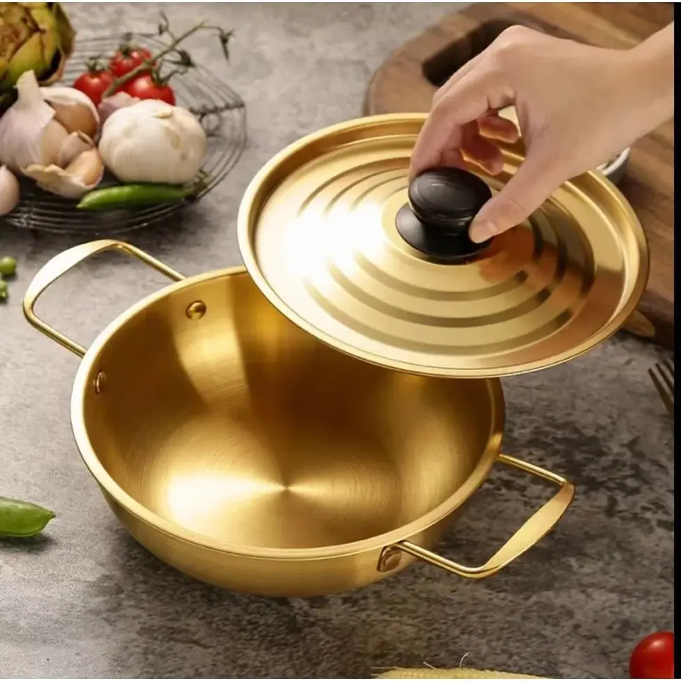 Thumbnail: Gold Color Pot with Lid Double Ear Kitchen Pot Instant Noodles Pots Single Perso