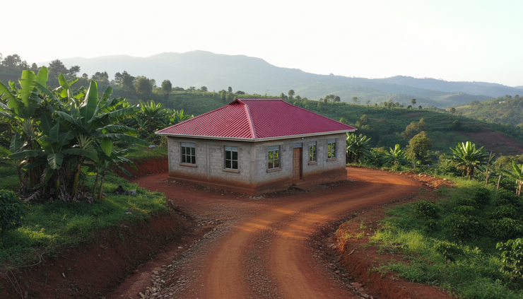 Wide-angle view of a newly built house on a green hillside in Burundi