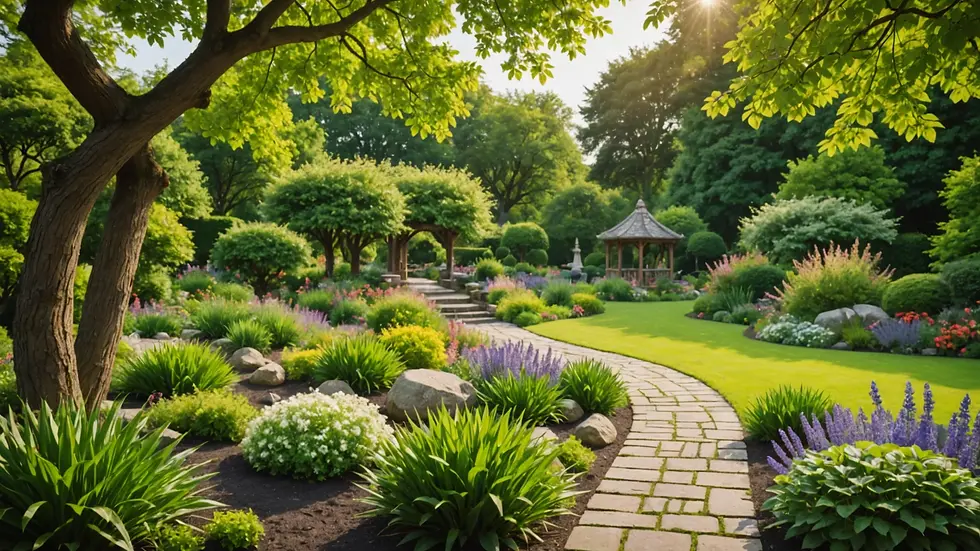 Eye-level view of a serene garden with natural elements for acoustic comfort