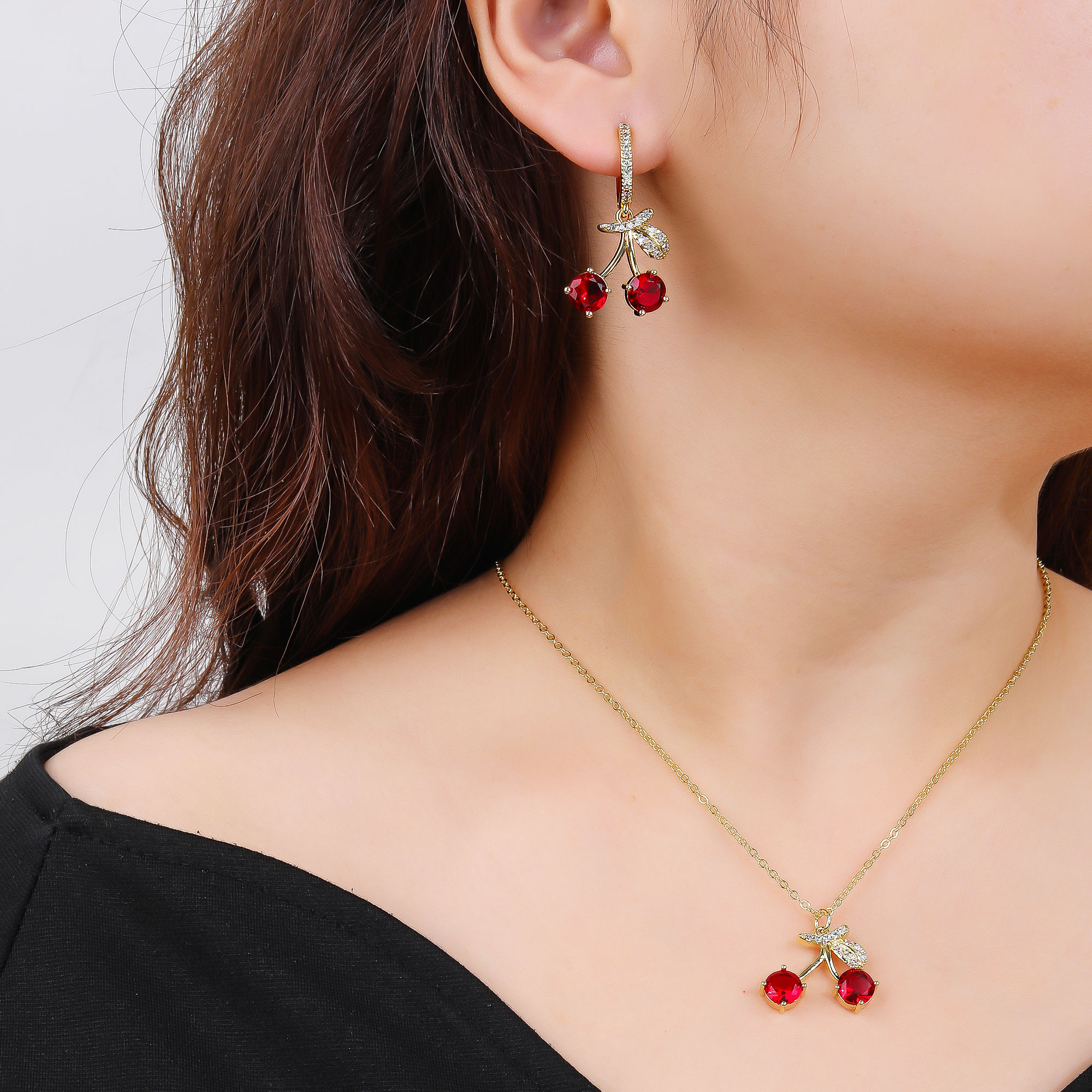 Light Luxury Crystal Zirconia Red Cherry Jewelry Set Earrings Necklace for Women