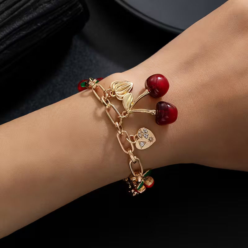Thumbnail: Cherry Jewelry (Ring/Bracelet Optional) - Gold Tone Crystal Charm Adjustable Cut