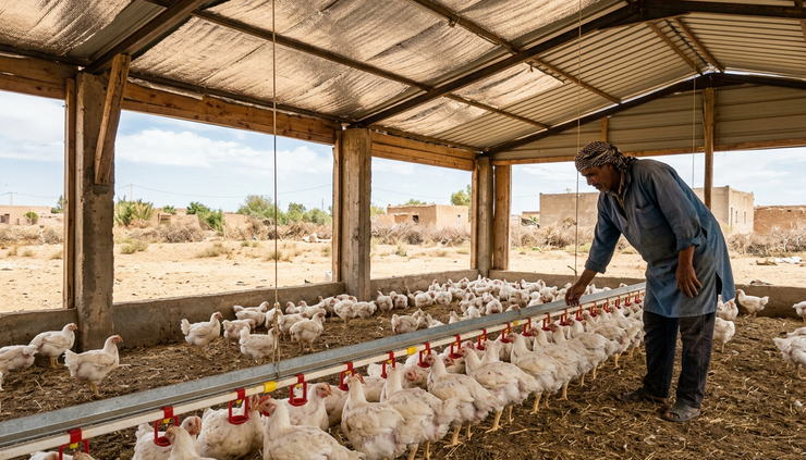 Eye-level view of chickens drinking under a shaded poultry shelter