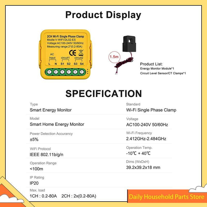 Thumbnail: Tuya Wifi Smart Power Meter With Current Transformer Sensor Clamp 80A Energy Met