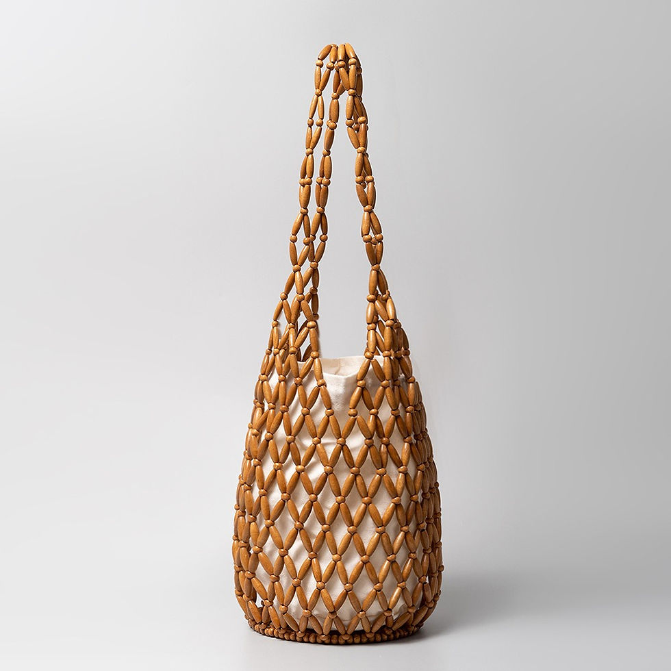 Thumbnail: Women Woven Hand Bag Exquisite Design Hollow-out Wooden Bead Tote Bucket Shoulde