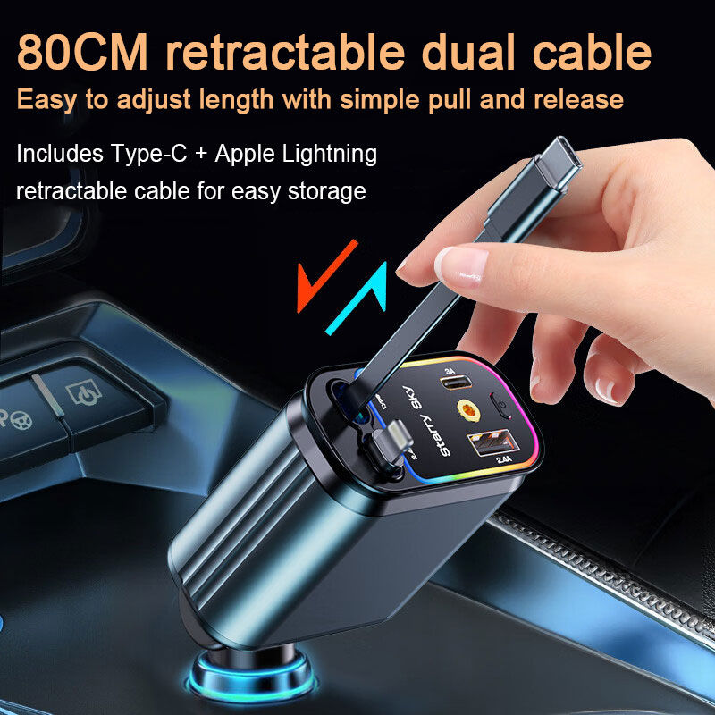 Thumbnail: Updated 120W Retractable Car Charger, 4-in-1 Fast Car Phone Charger with 80cm Tw