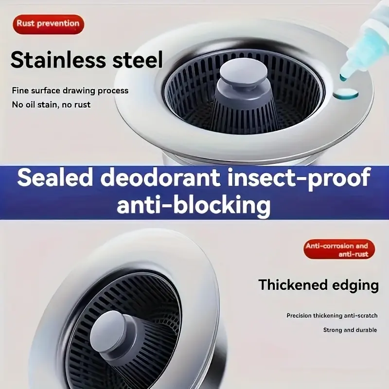 Thumbnail: Kitchen Sink Drain Strainer Stainless Steel Pop Up Sink Stopper Anti-Clogging Si