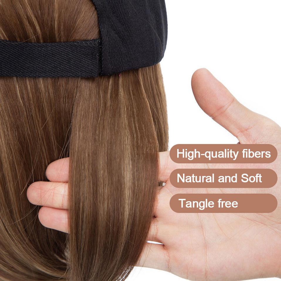 Thumbnail: 🧢✨ Baseball Cap with Hair Extensions – 6” Synthetic Short Straight Bob Wig