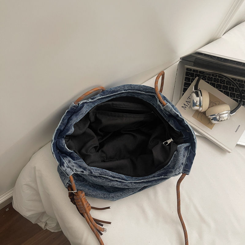 Thumbnail: Women's Vintage Washed Denim Tote Bag Leather Braided Drawstring Casual Commuter