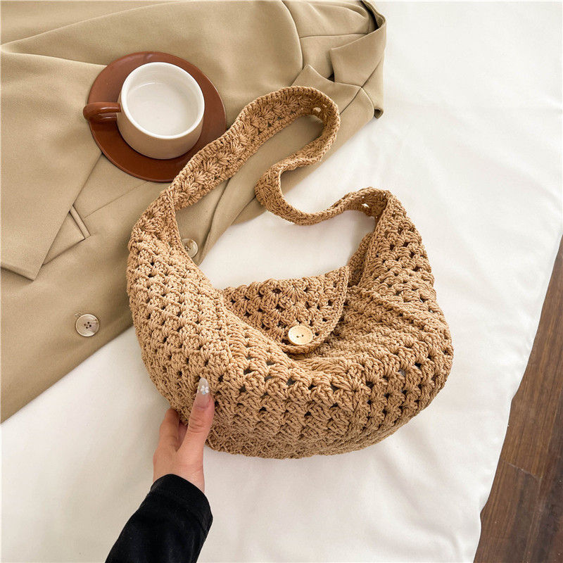 Thumbnail: Women Handmade Knitted Handbag Simple Khaki Beige Bohemian Shoulder Bag Lady Reu