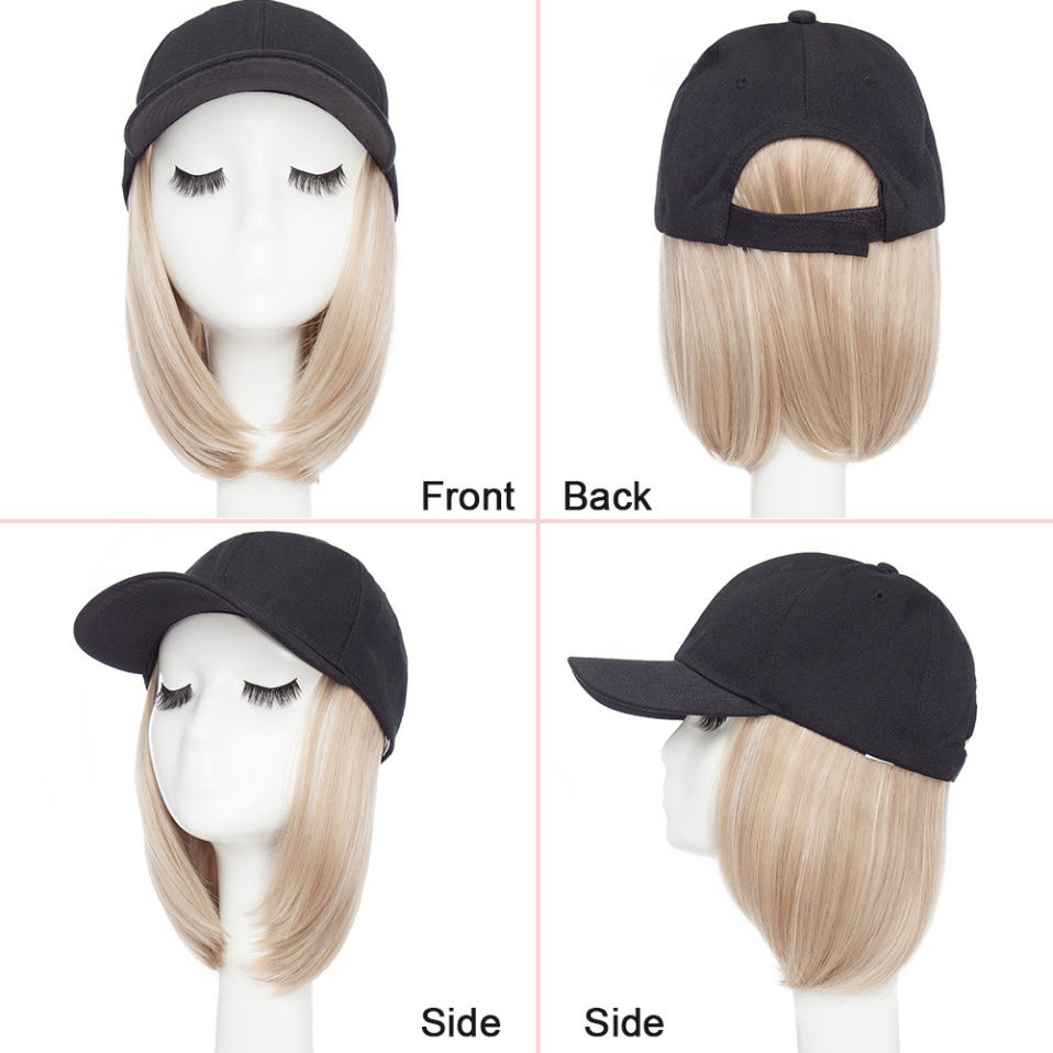 Thumbnail: 🧢✨ Baseball Cap with Hair Extensions – 6” Synthetic Short Straight Bob Wig