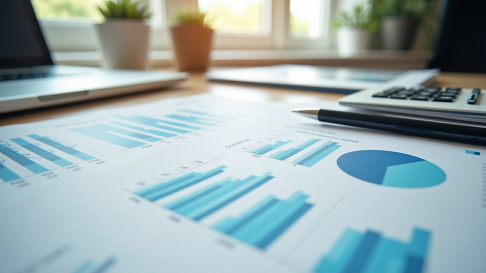 Wide angle view of a financial planning workspace with charts and graphs