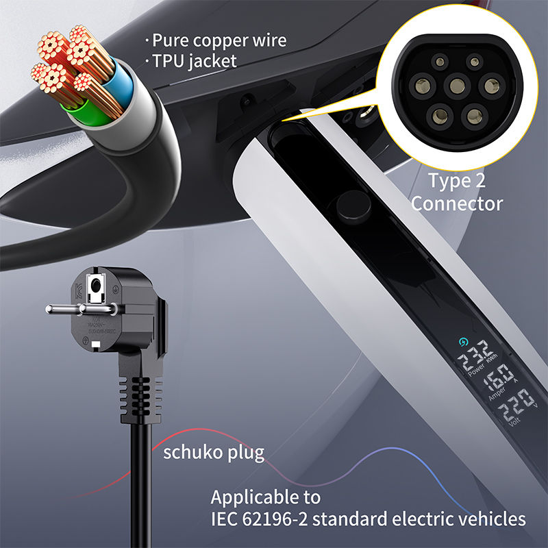 Thumbnail: EV Charger 32A 7KW / 16A 3.5KW Portable Charging Gun - 5m Cable, Type2 Socket &