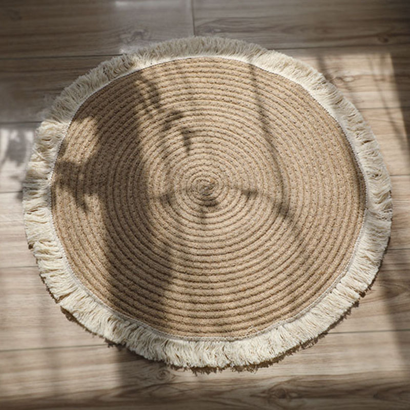 Thumbnail: Vintage Round Woven Rugs Handmade Rattan Carpet With Tassel For Bedroom Living R