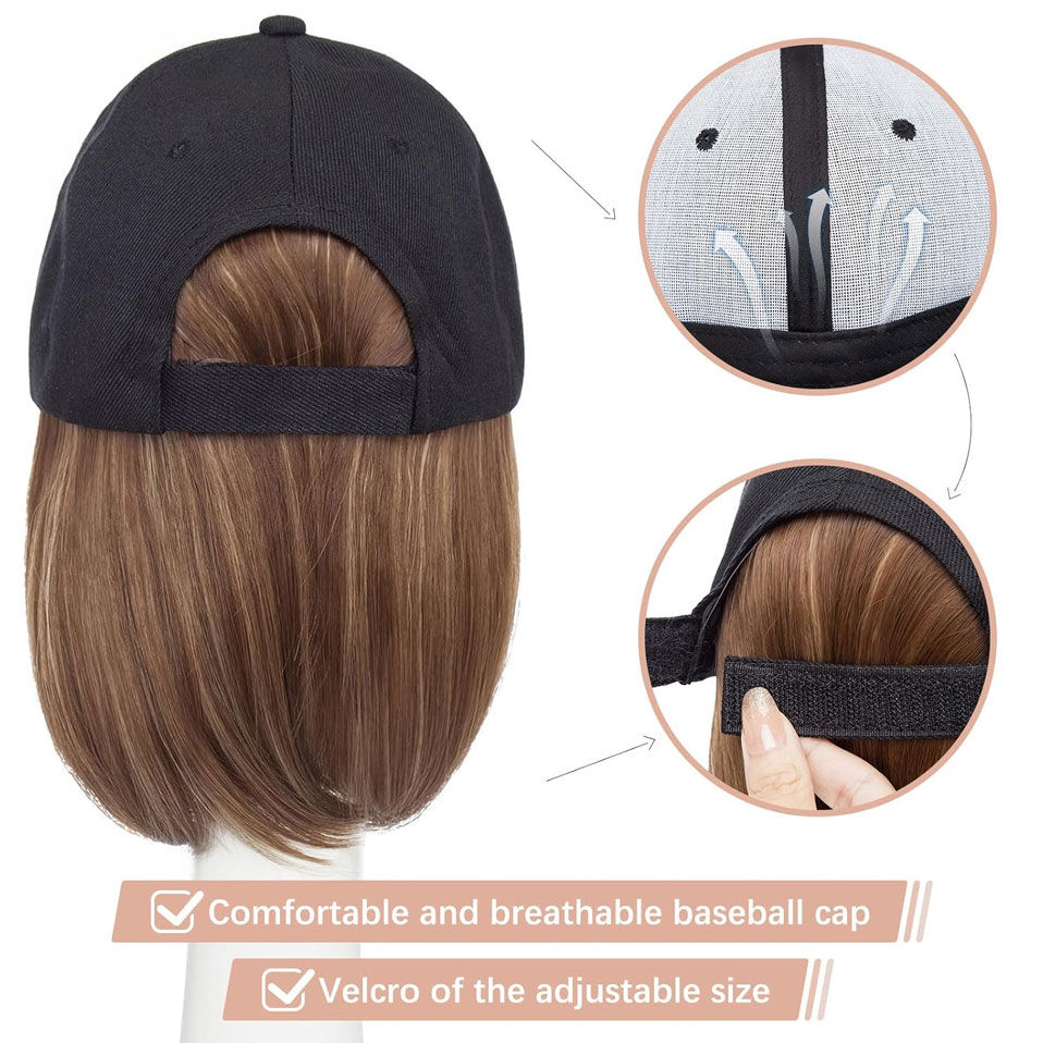 Thumbnail: 🧢✨ Baseball Cap with Hair Extensions – 6” Synthetic Short Straight Bob Wig
