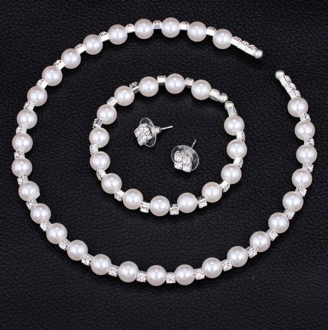 Thumbnail: Wedding Bridal Jewelry Set String of Pearls Prom Silver Color Crystal Bracelet N