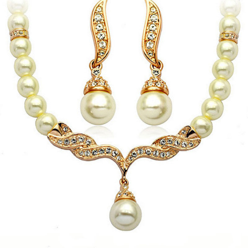 Thumbnail: Women's 2 Piece Jewelry Sets One Gold Color Necklace + 1 Pair Earrings Wedding B