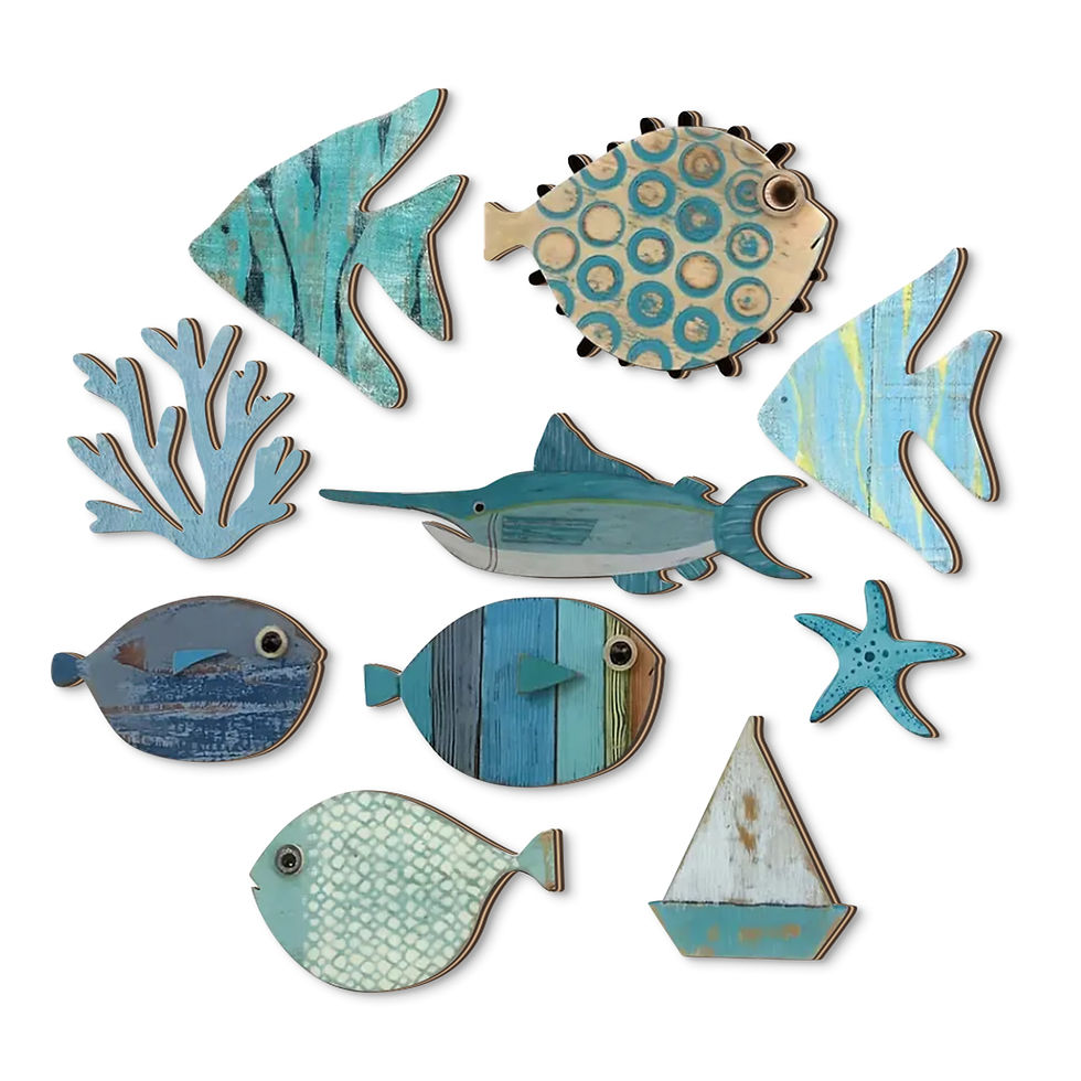 Thumbnail: Handcrafted Wooden Ocean Wall Decor - Fish, Coral, Starfish & Sailboat Set for H
