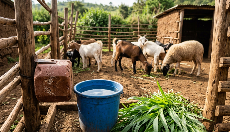 Close-up view of a mineral lick and clean water beside fresh forage