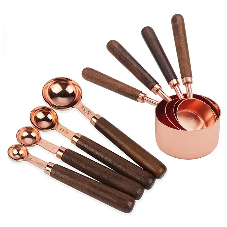 Thumbnail: UPORS Rose Gold Measuring Cups and Spoons Set Teaspoon Wood Handle Copper Pink K
